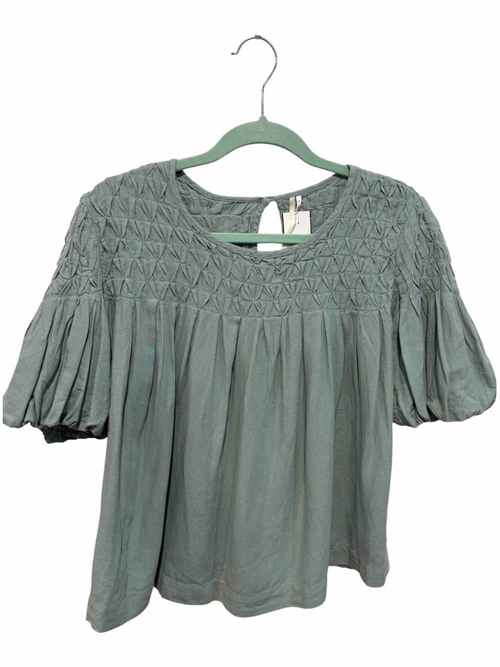 By Anthropologie sage green Liza mocked puff sleeve linen blend top XS NWT - Picture 2 of 8